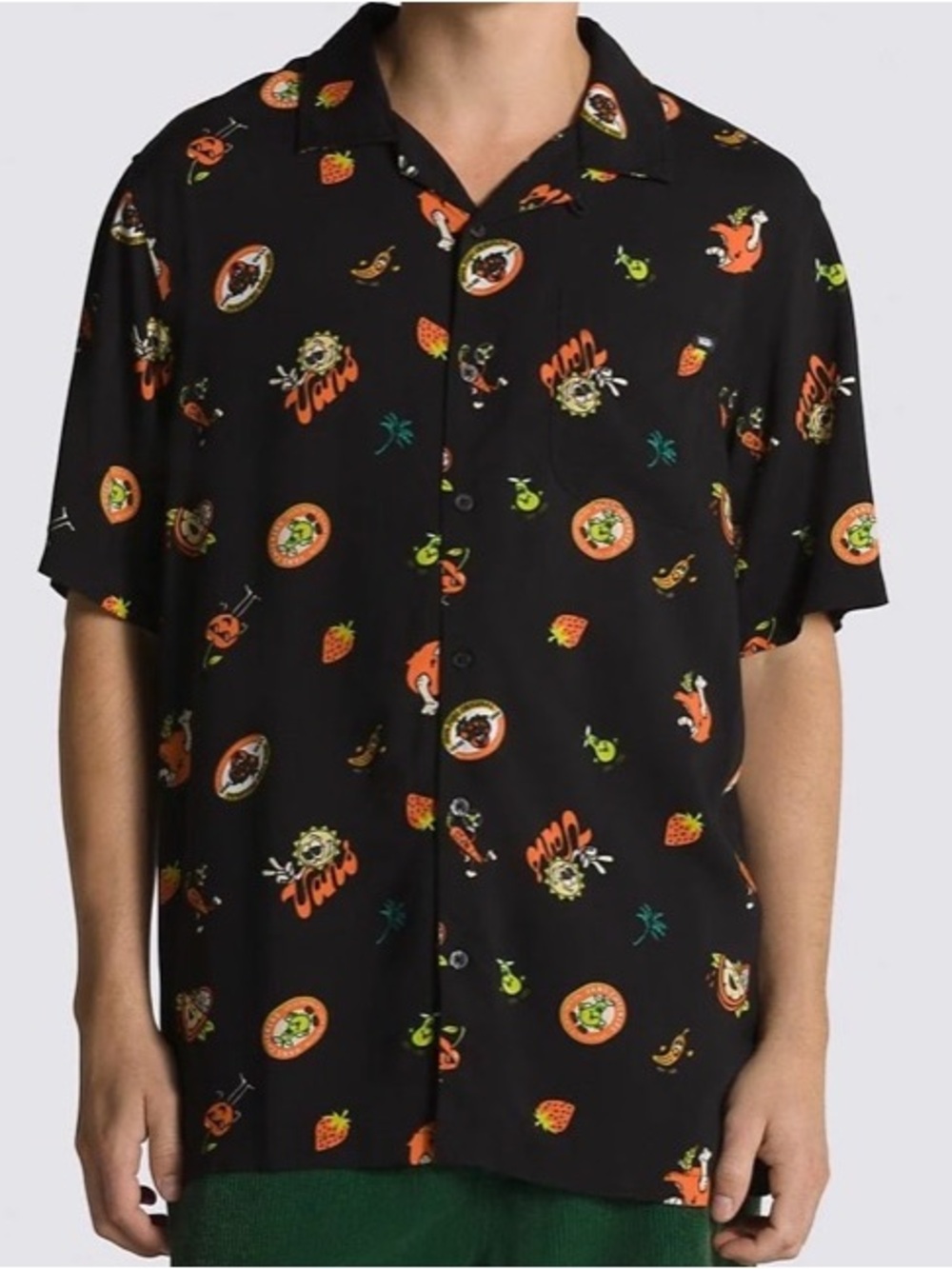 NWT Vans Stickers Black Short-Sleeve Button-Down Camp Shirt with Fruit Motifs